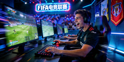 电竞足球游戏FIFA比赛现场，选手正在激烈操作