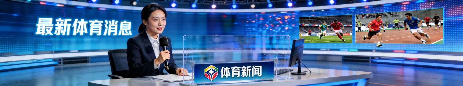 体育新闻演播室，主持人正在播报最新体育消息